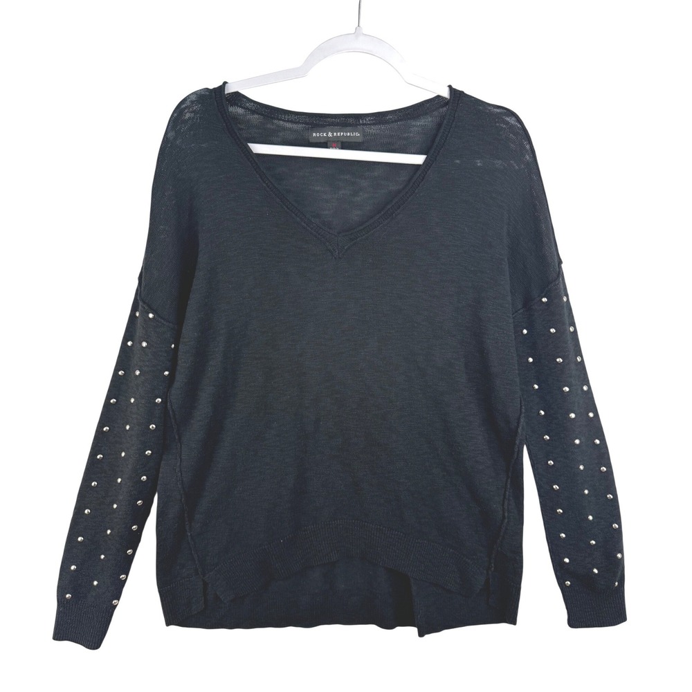 Rock & Republic Womens Black Studded Sleeve V-Neck Lightweight Sweater Medium